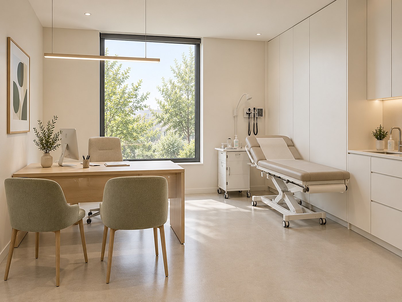 Consulting room with desk and examination couch